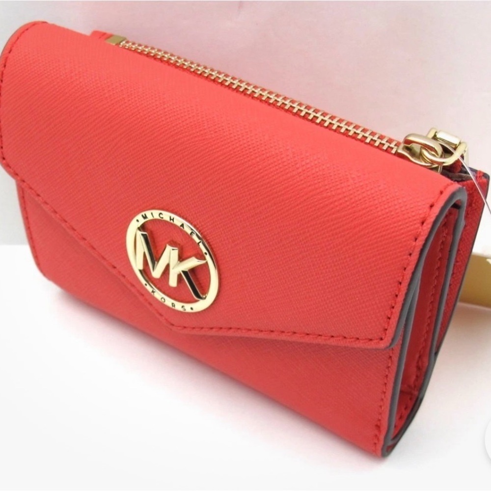 MICHAEL KORS GREENWICH Envelope TriFold Saffanio Leather Wallet Dahlia summer